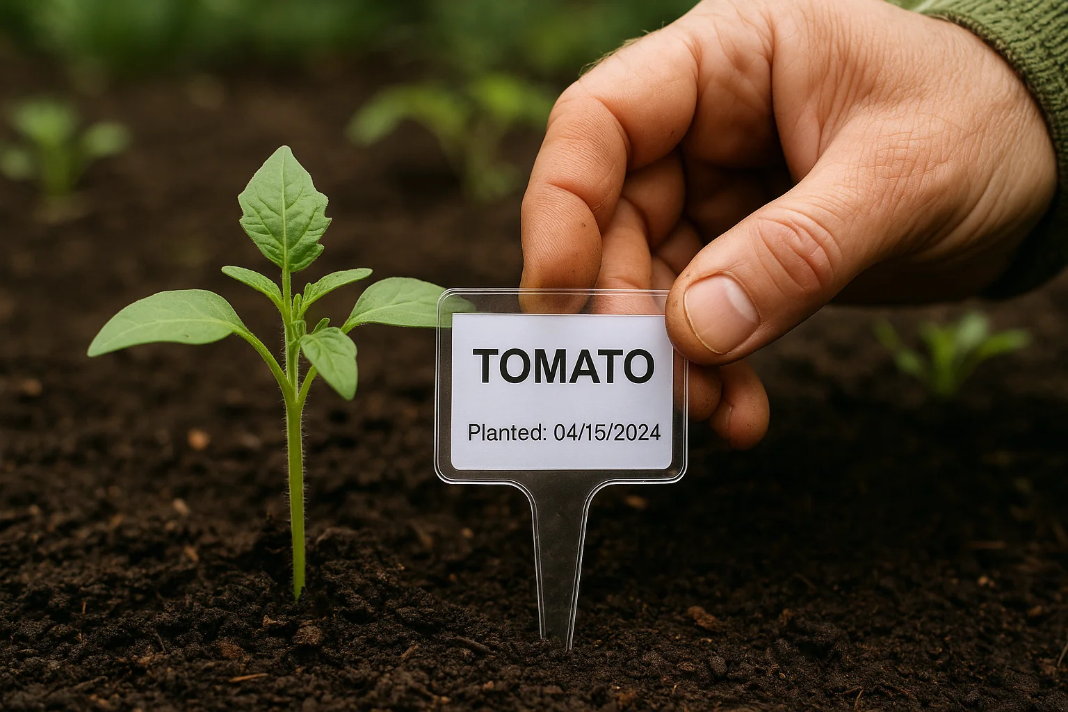 A hand placing a label reading "TOMATO" with the planting date of 04/15/2024 next to a small tomato seedling in rich soil.