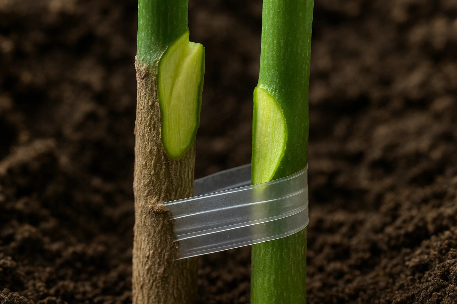 Two plant stems, one green and one brown, are joined with a plastic band, demonstrating a grafting technique in rich soil.
