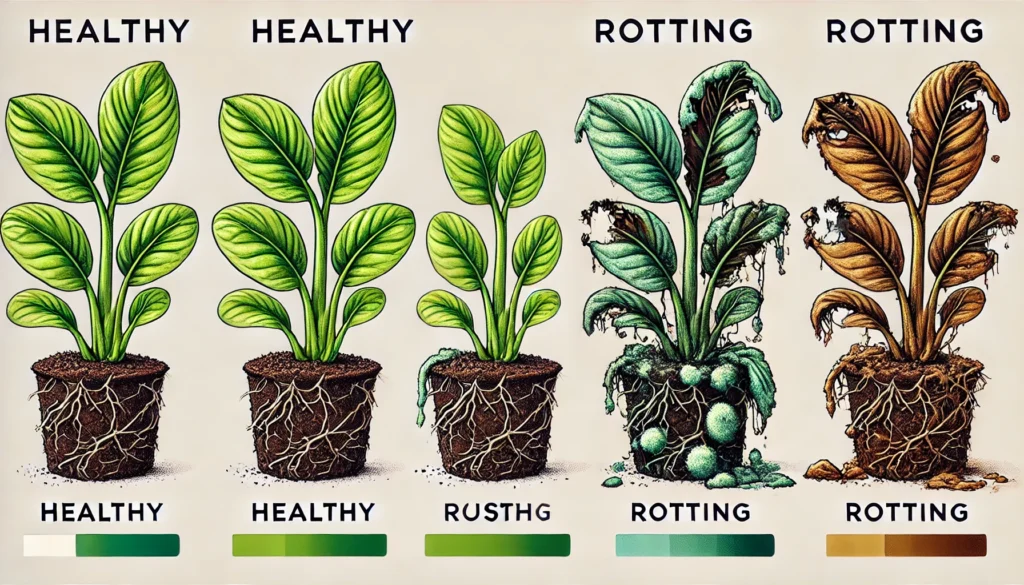 Illustration showing plant health stages: three healthy plants on the left, one suffering from rust, followed by two rotting plants on the right.