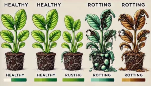 Illustration showing plant health stages: three healthy plants on the left, one suffering from rust, followed by two rotting plants on the right.