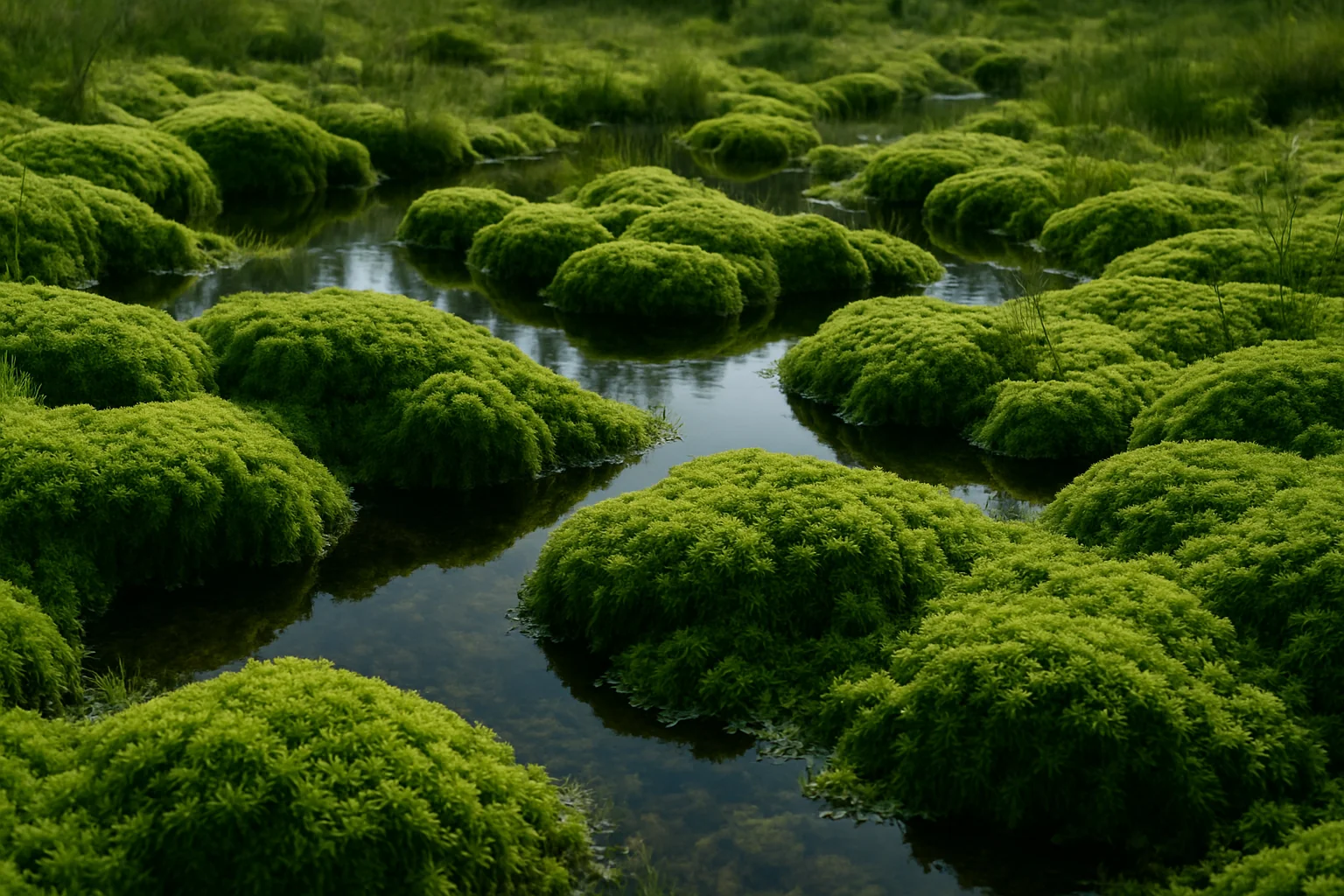 Lush green moss-covered mounds surrounded by shallow water, creating a tranquil and vibrant wetland landscape.