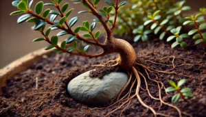 A close-up of a bonsai tree with intricate roots emerging from rich soil, entwined around a smooth stone, showcasing nature's beauty.