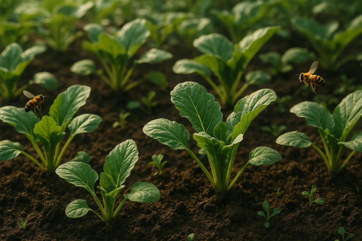 A close-up of green leafy plants in soil with two bees flying nearby, showcasing a thriving garden ecosystem.