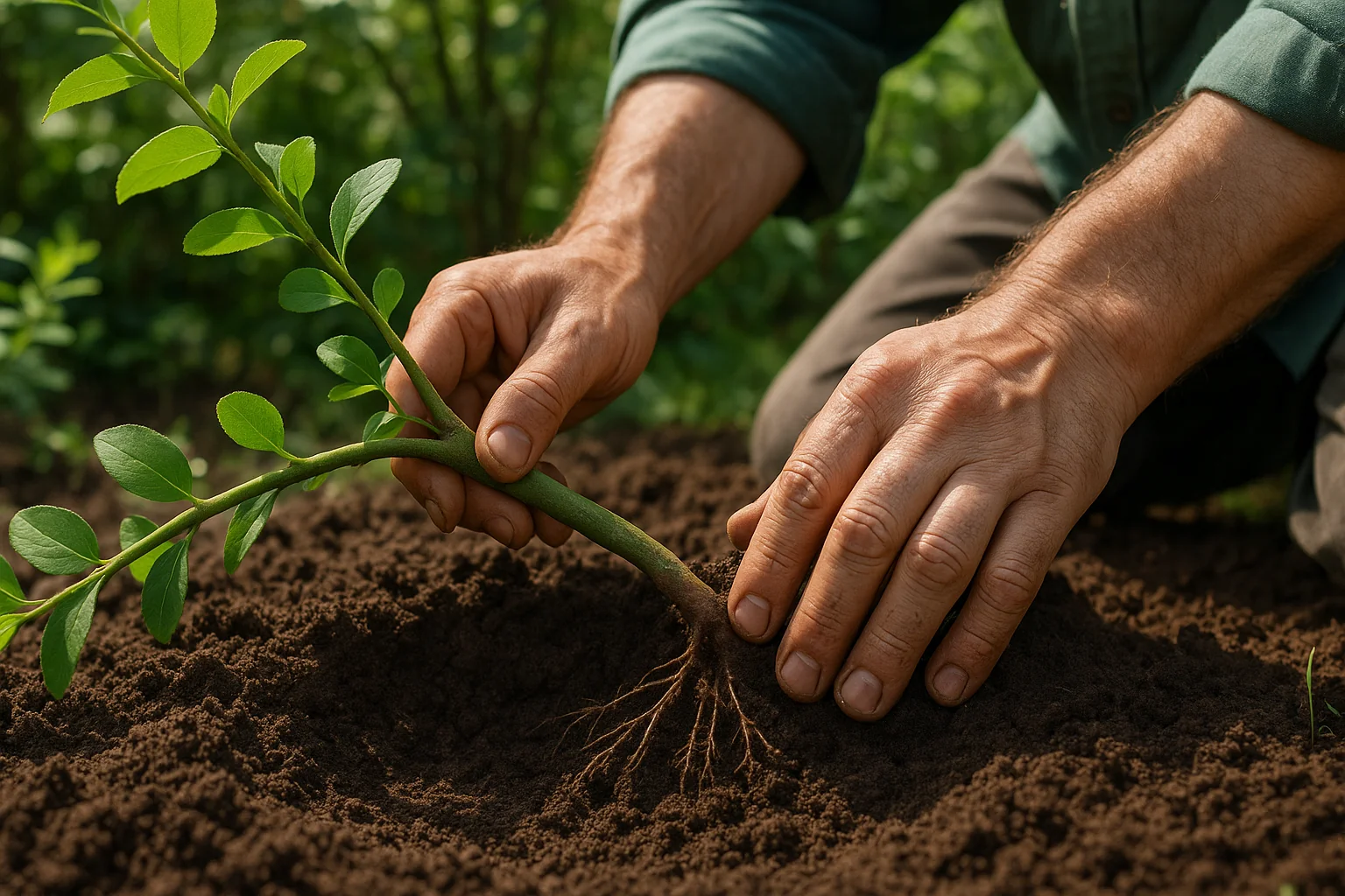 A person gently plants a young sapling into rich, dark soil, ensuring the roots are properly positioned for growth.