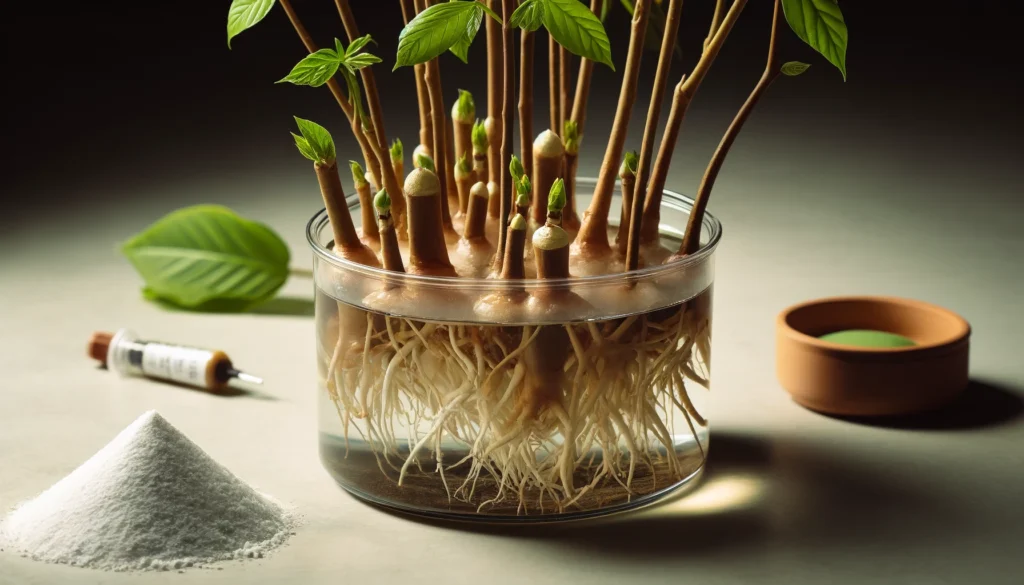 A clear container holds sprouting plant roots and shoots, surrounded by a syringe, a small pot, and a pile of white powder.