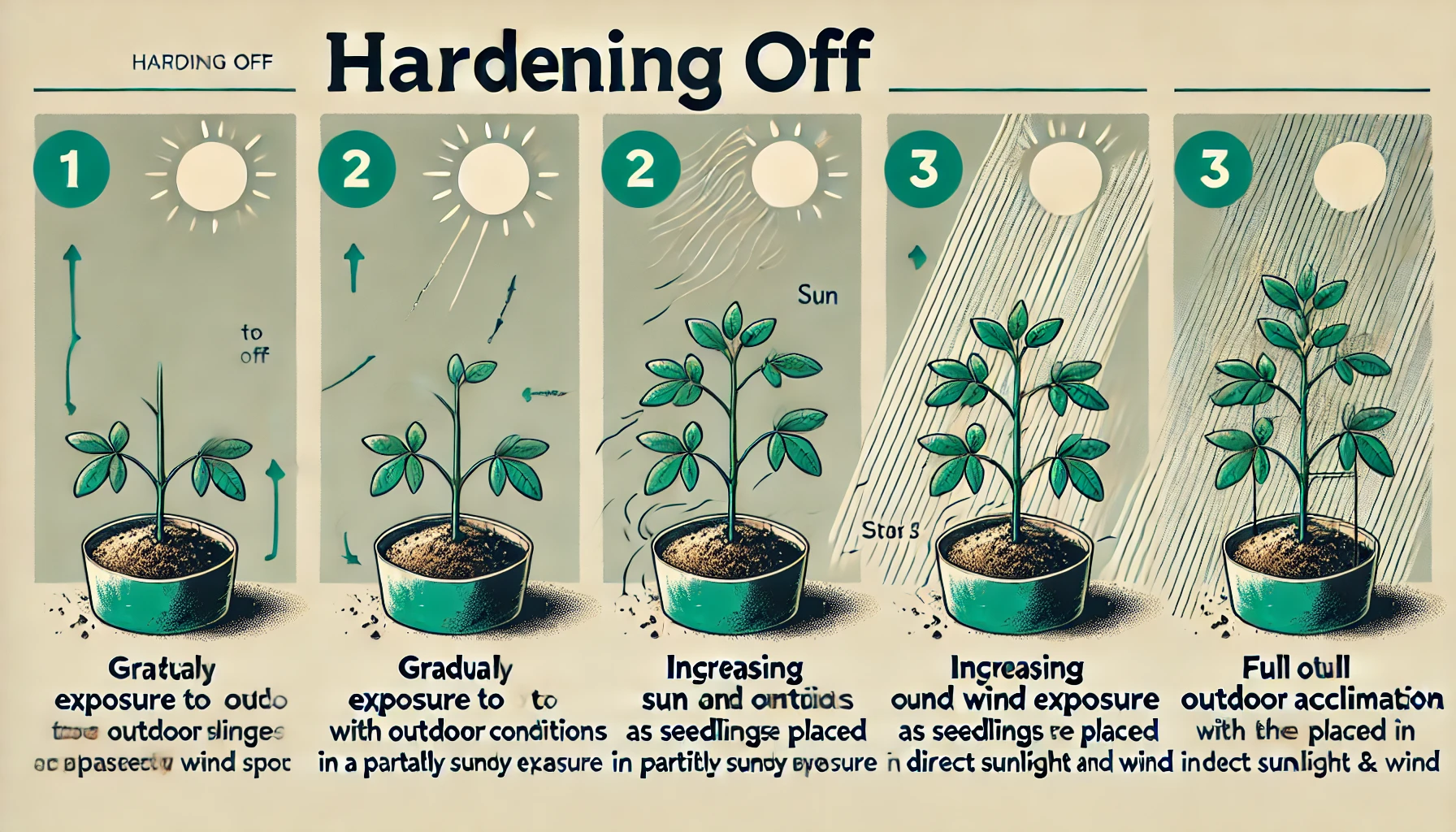Illustration depicting the hardening off process for seedlings, showing gradual exposure to sun and wind over four stages.
