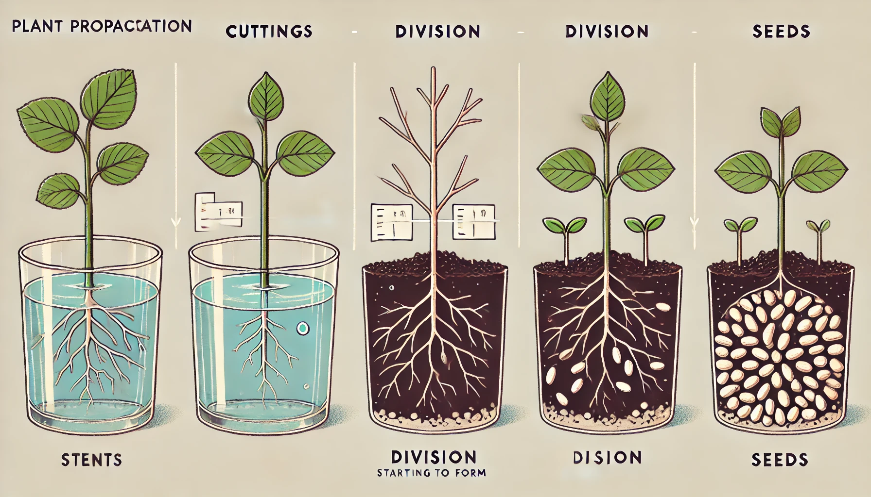 Illustration of plant propagation methods: cuttings, division, and seeds, depicting growth stages and root development in pots and water.