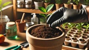 A gloved hand plants a small seedling in a terracotta pot, surrounded by gardening tools and potted plants in a sunlit workspace.