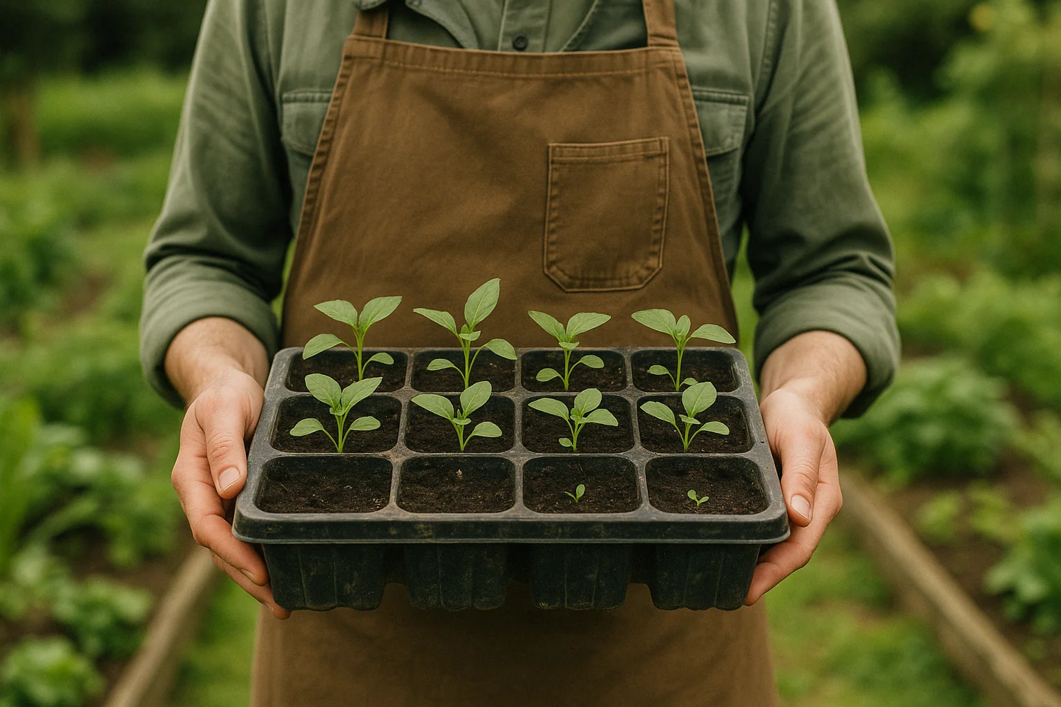 A person in an apron holds a tray of young green seedlings, surrounded by a lush garden background.