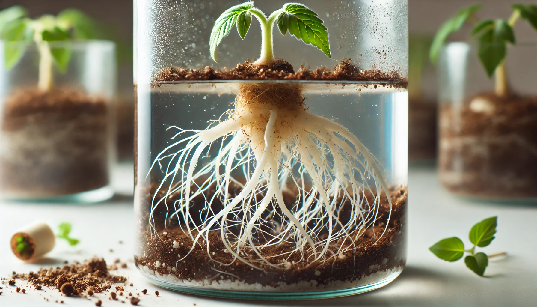 A small plant with green leaves grows above rich soil, while its extensive white roots are submerged in clear water inside a glass jar.