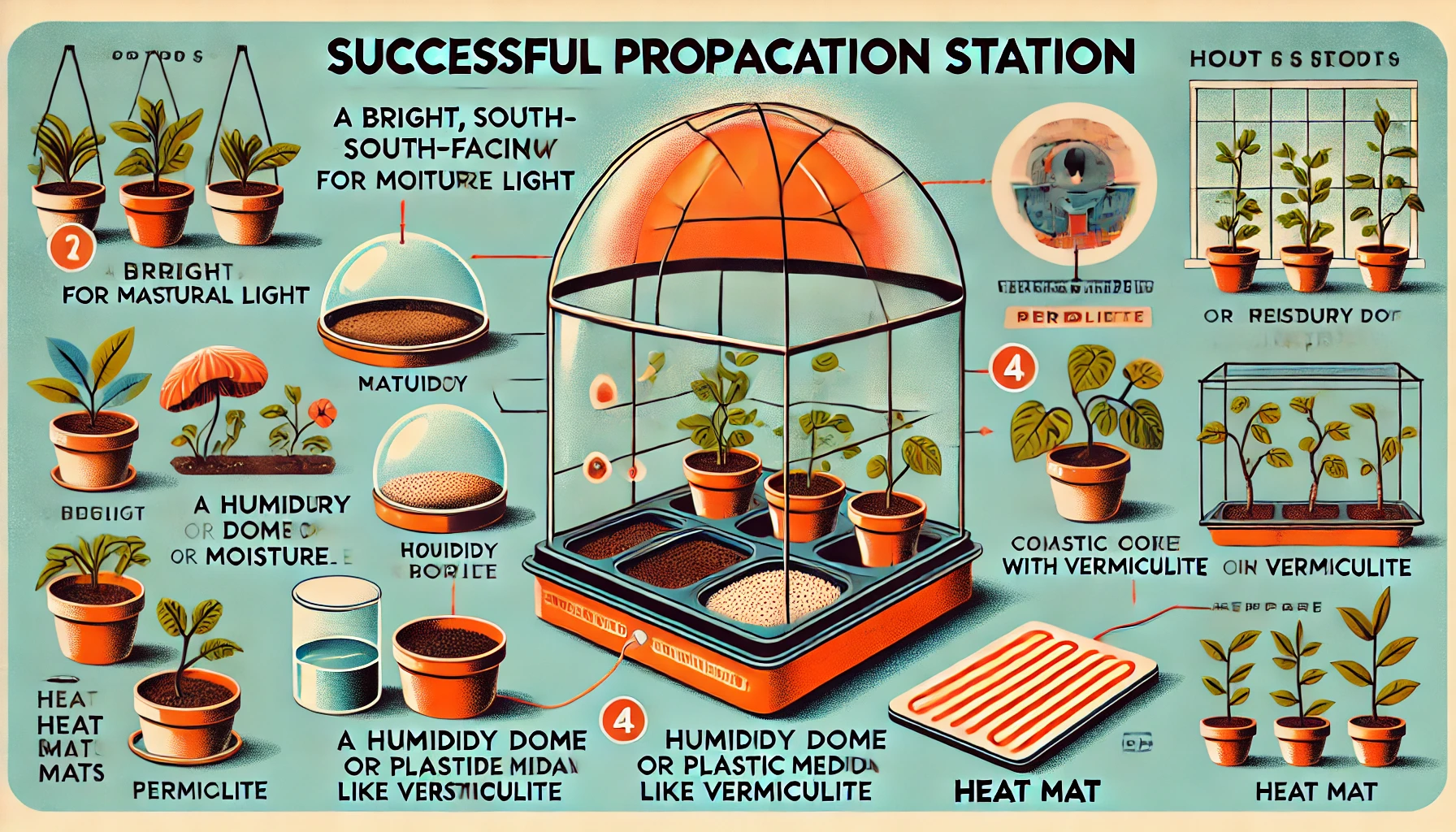 Infographic on a successful plant propagation station, illustrating light, humidity, and heat requirements for optimal growth.