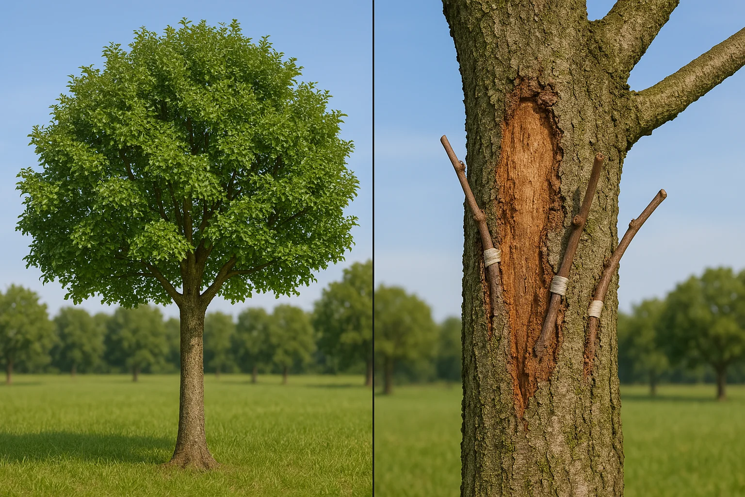 A vibrant green tree on the left, and on the right, a damaged trunk with sticks inserted into a hollow, showcasing tree repair efforts.