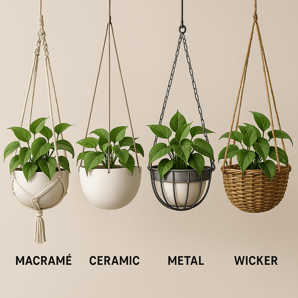 Four hanging planters in macramé, ceramic, metal, and wicker styles, each containing lush green plants against a neutral backdrop.