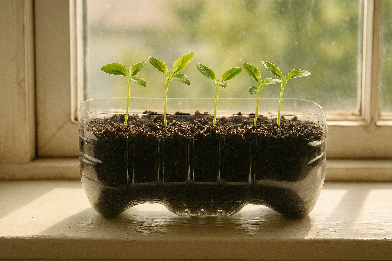 Five young green seedlings sprout from dark soil in a recycled plastic bottle, placed on a sunlit windowsill.