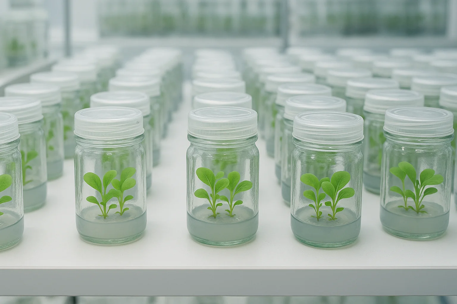Row of glass jars with green seedlings in nutrient solution, showcasing a controlled environment for plant growth.