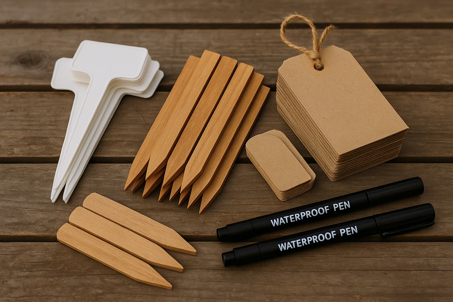 Various garden labeling supplies: wooden stakes, white tags, brown tags, and waterproof pens on a wooden surface.