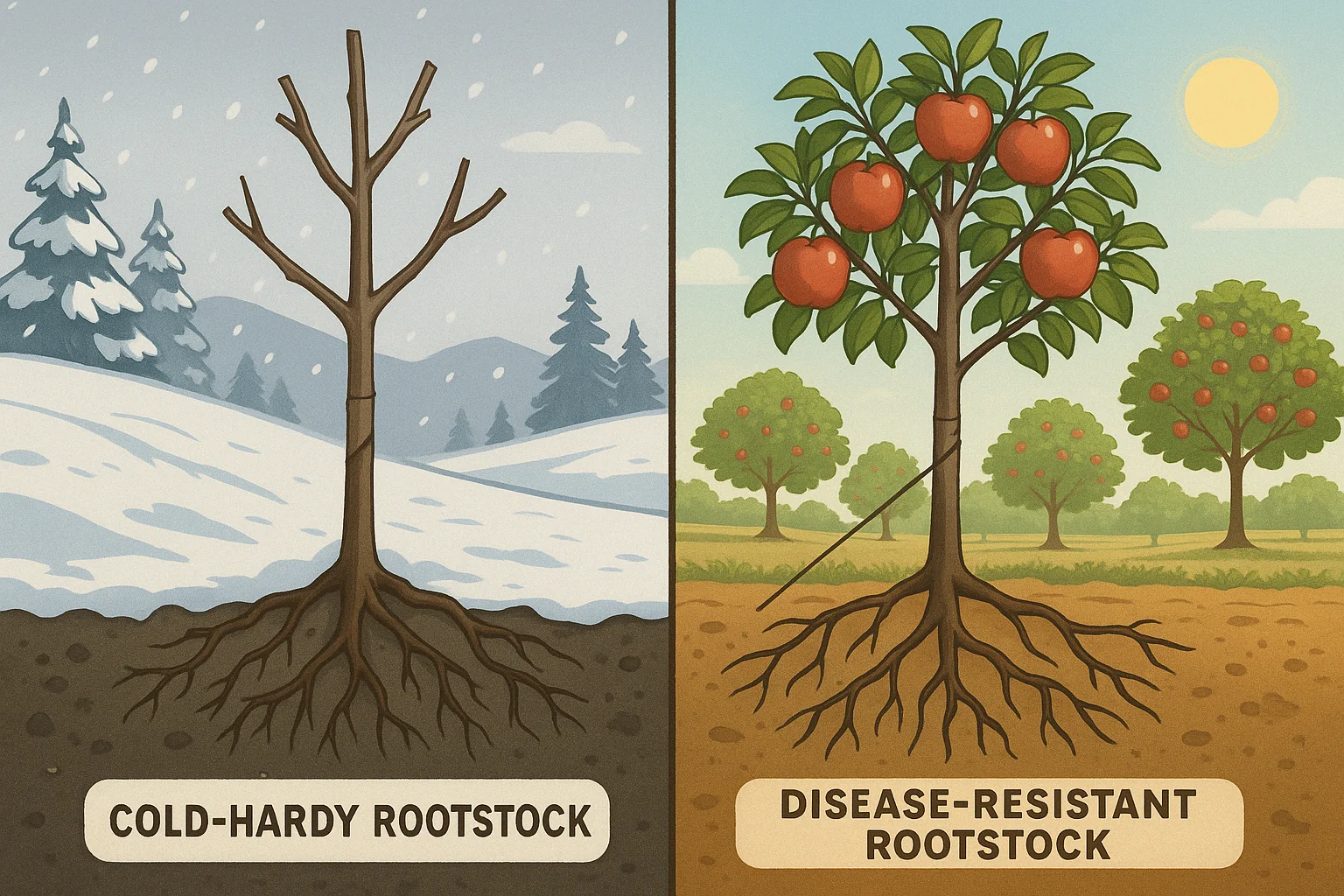 Illustration comparing cold-hardy rootstock in winter on the left and vibrant, disease-resistant rootstock with apples on the right.