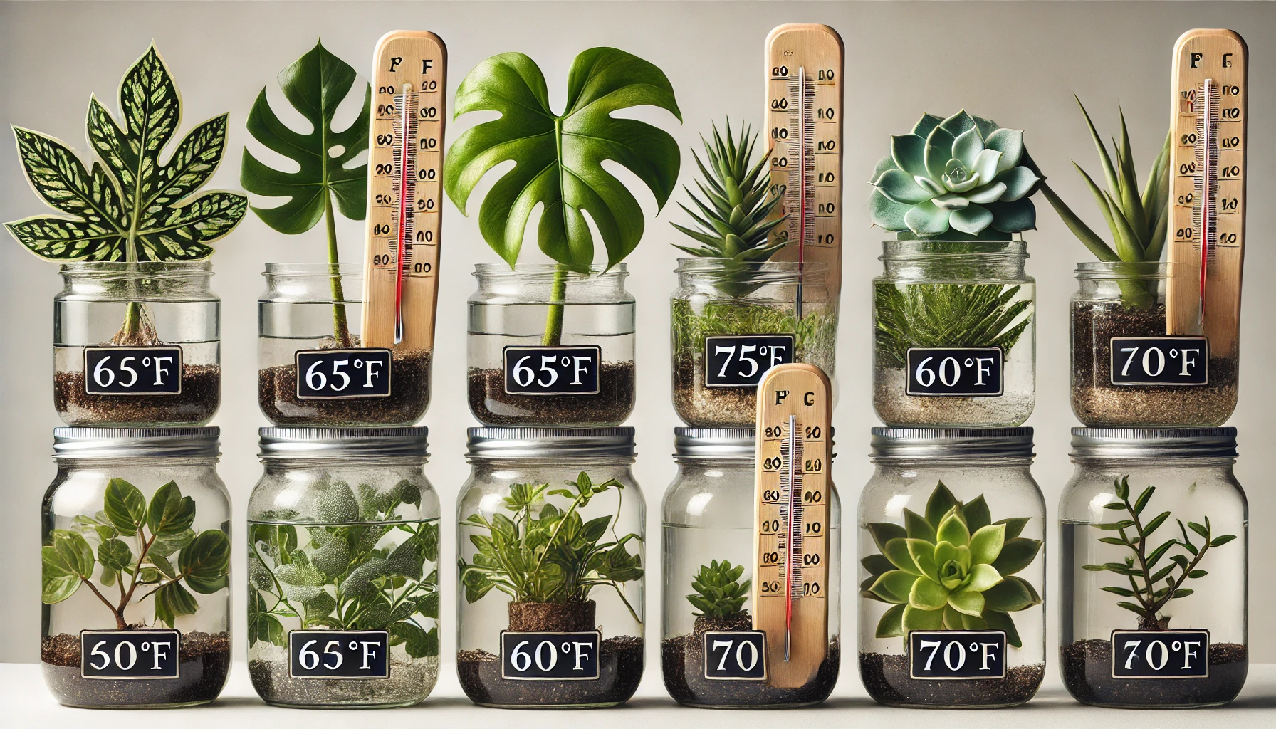 A display of potted plants in jars, each labeled with temperature readings ranging from 50°F to 75°F, showcasing different species.