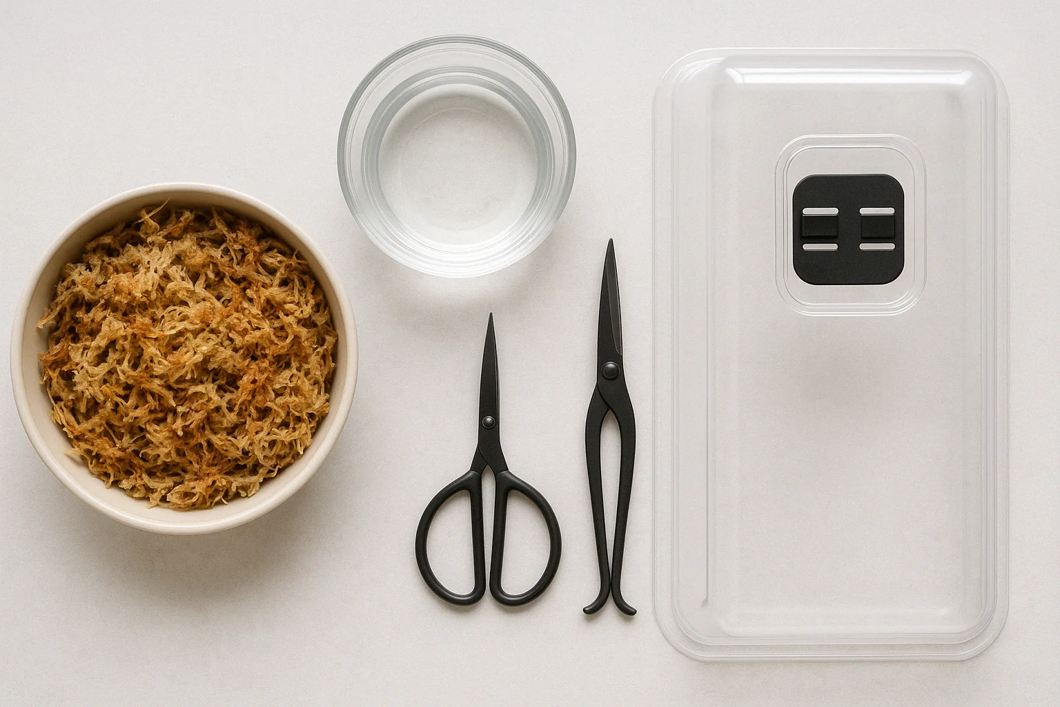 A bowl of shredded moss, a glass of water, black scissors, and a clear container on a light surface.
