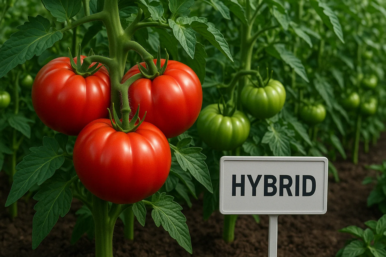 Vibrant red hybrid tomatoes on a vine, alongside green tomatoes, with a label reading "HYBRID" in a lush greenhouse setting.