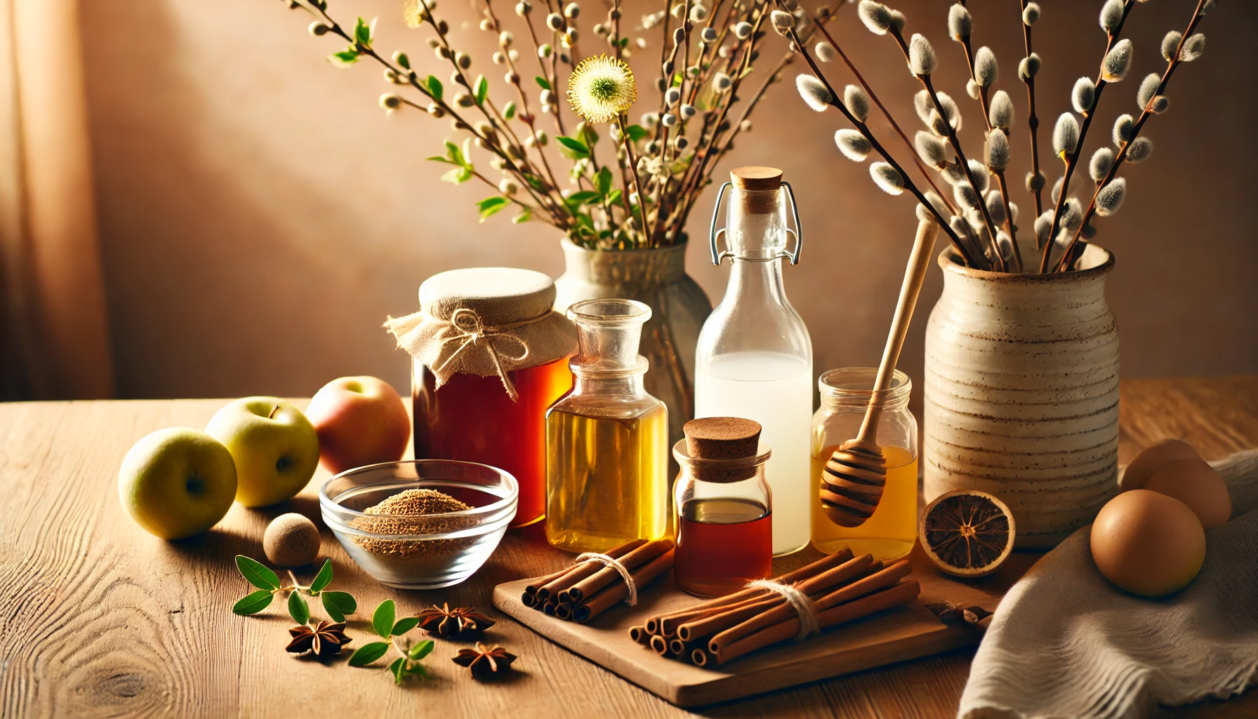A cozy kitchen scene featuring jars of honey, spices, fresh apples, and flowers, set against warm lighting and wooden textures.