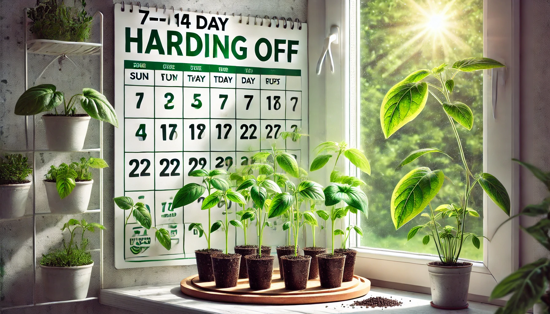 A bright window displays seedlings in pots, with a "Hardening Off" calendar beside them, basking in sunlight.
