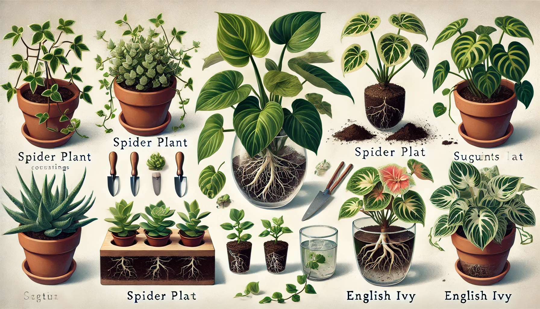 Illustration of various houseplants, including Spider Plants, English Ivy, and succulents, displayed in terracotta pots with roots visible.