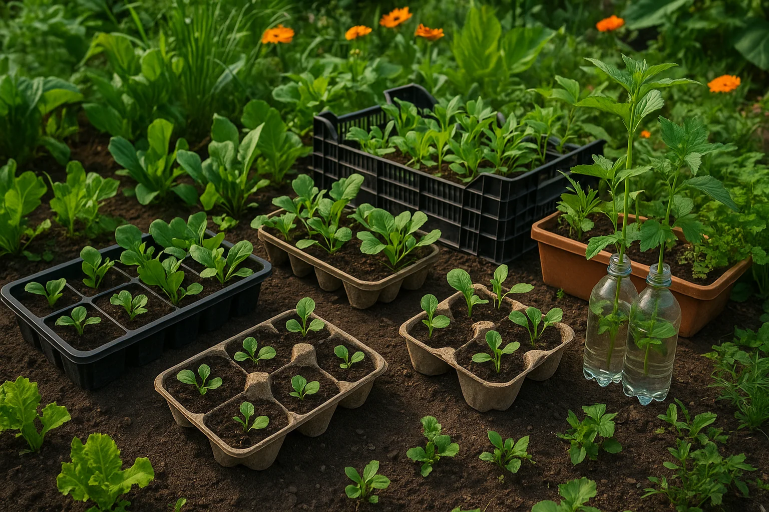 Several trays of young vegetable seedlings are arranged in a lush garden, with flowers and herbs in the background.