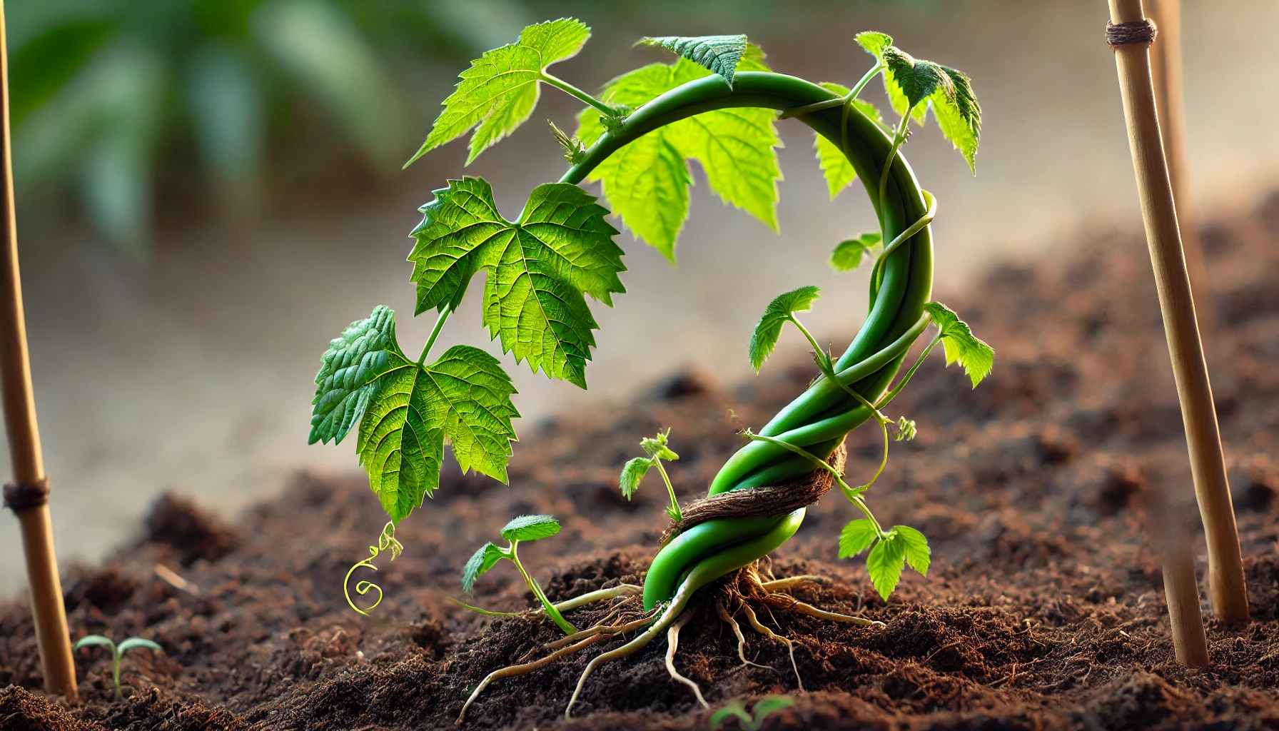 A vibrant green plant with twisted stems and broad leaves emerges from rich soil, supported by wooden stakes beside it.