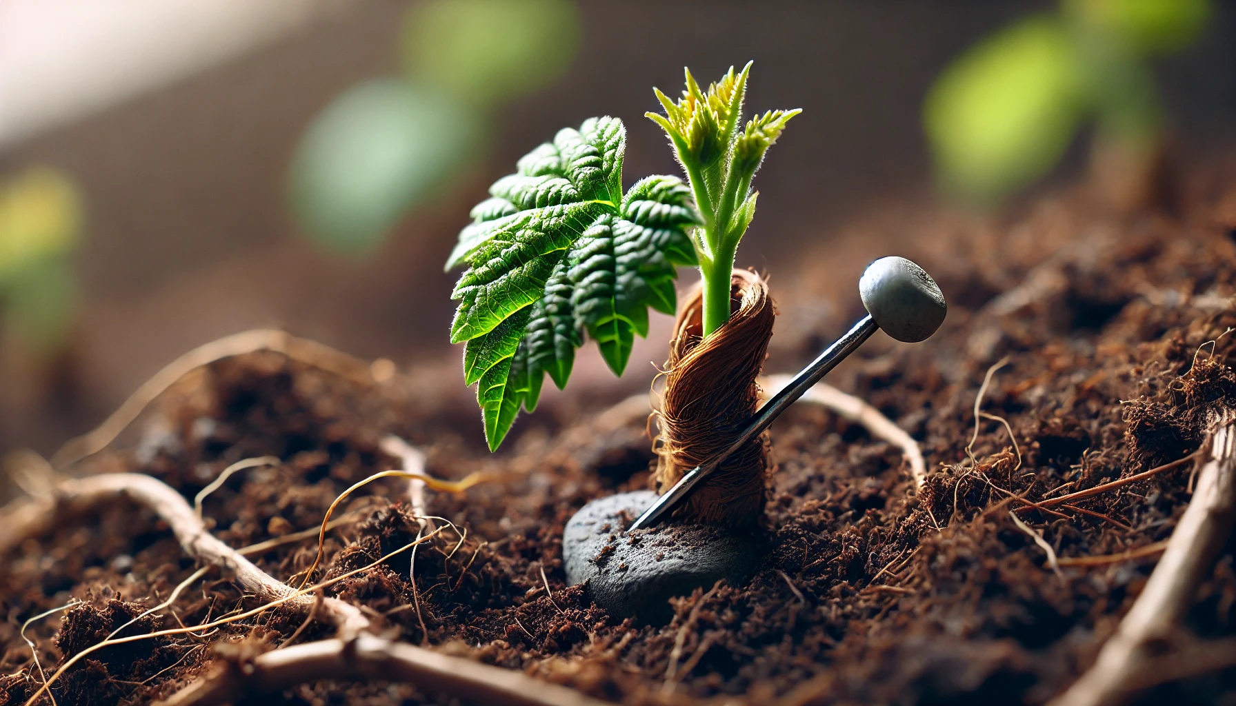 A small green plant with textured leaves growing from dark, rich soil, supported by a stone and a metal pin.