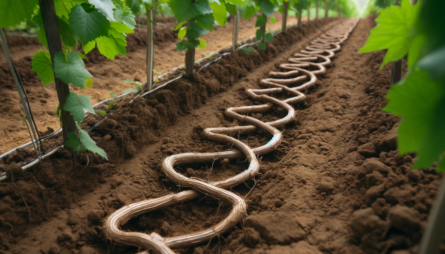 A winding vine lies on rich soil in a vineyard, surrounded by green grape leaves and trellises, hinting at a lush harvest ahead.