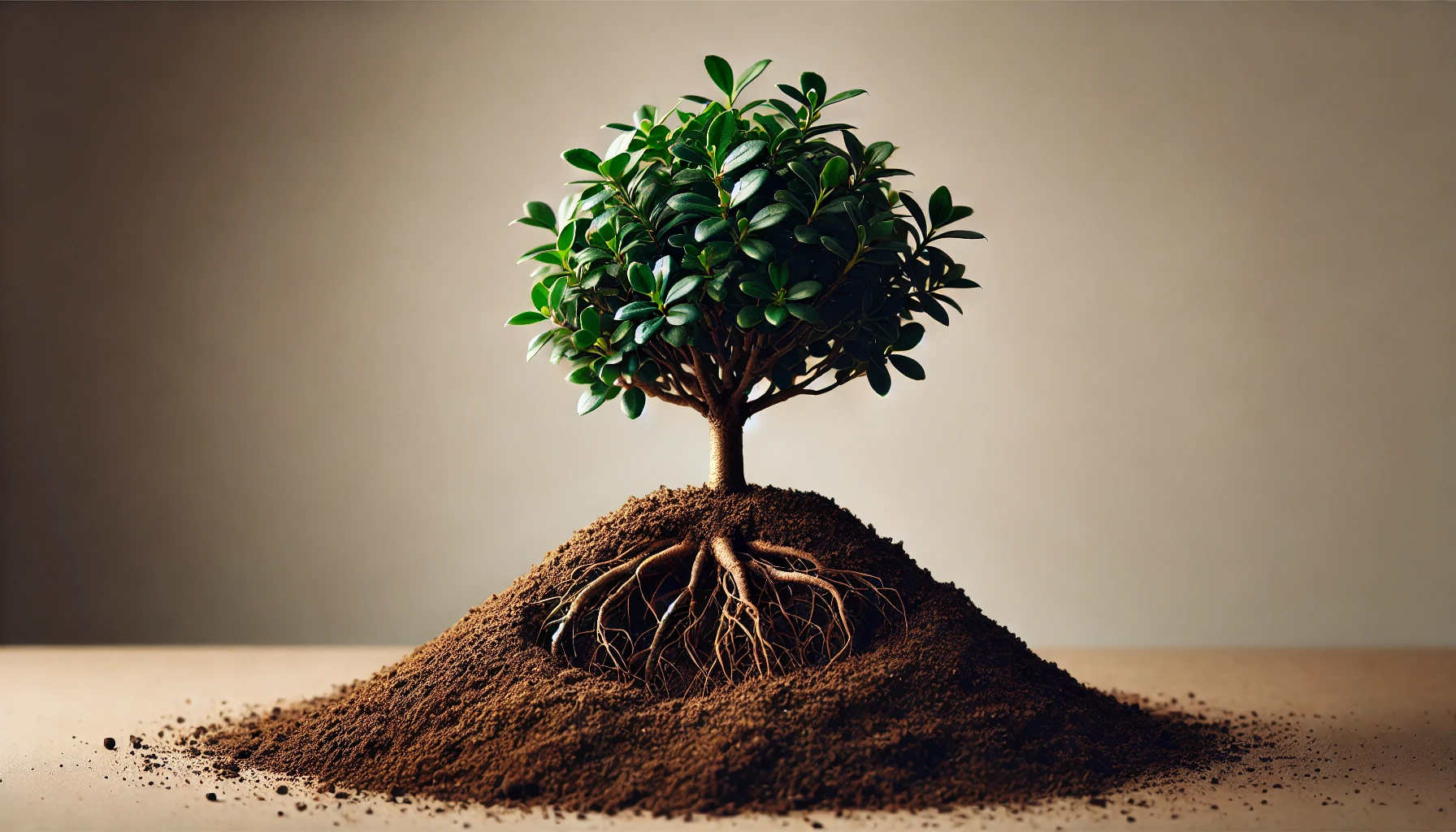 A small green tree with lush leaves sits atop a mound of dark, rich soil, showcasing its intricate roots beneath the surface.