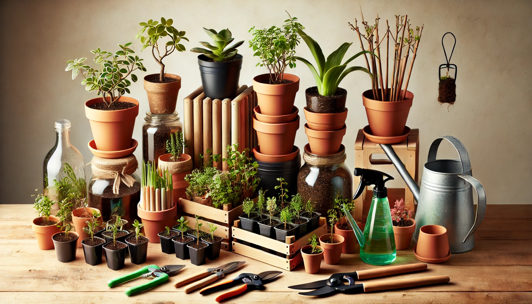 A vibrant collection of potted plants, gardening tools, and watering cans arranged on a wooden table, showcasing gardening supplies.
