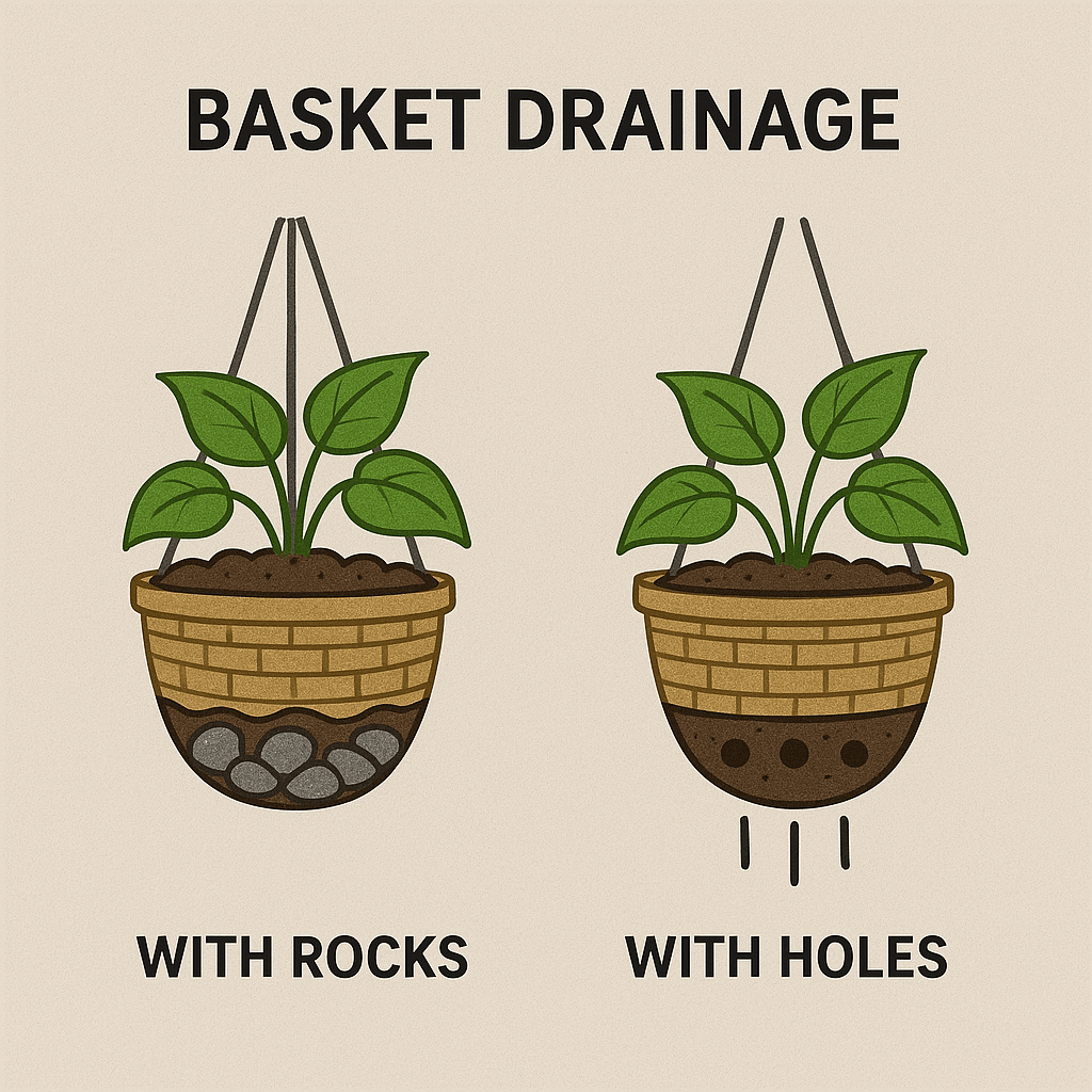Illustration comparing two plant baskets: one with rocks for drainage and one with holes for better water flow.