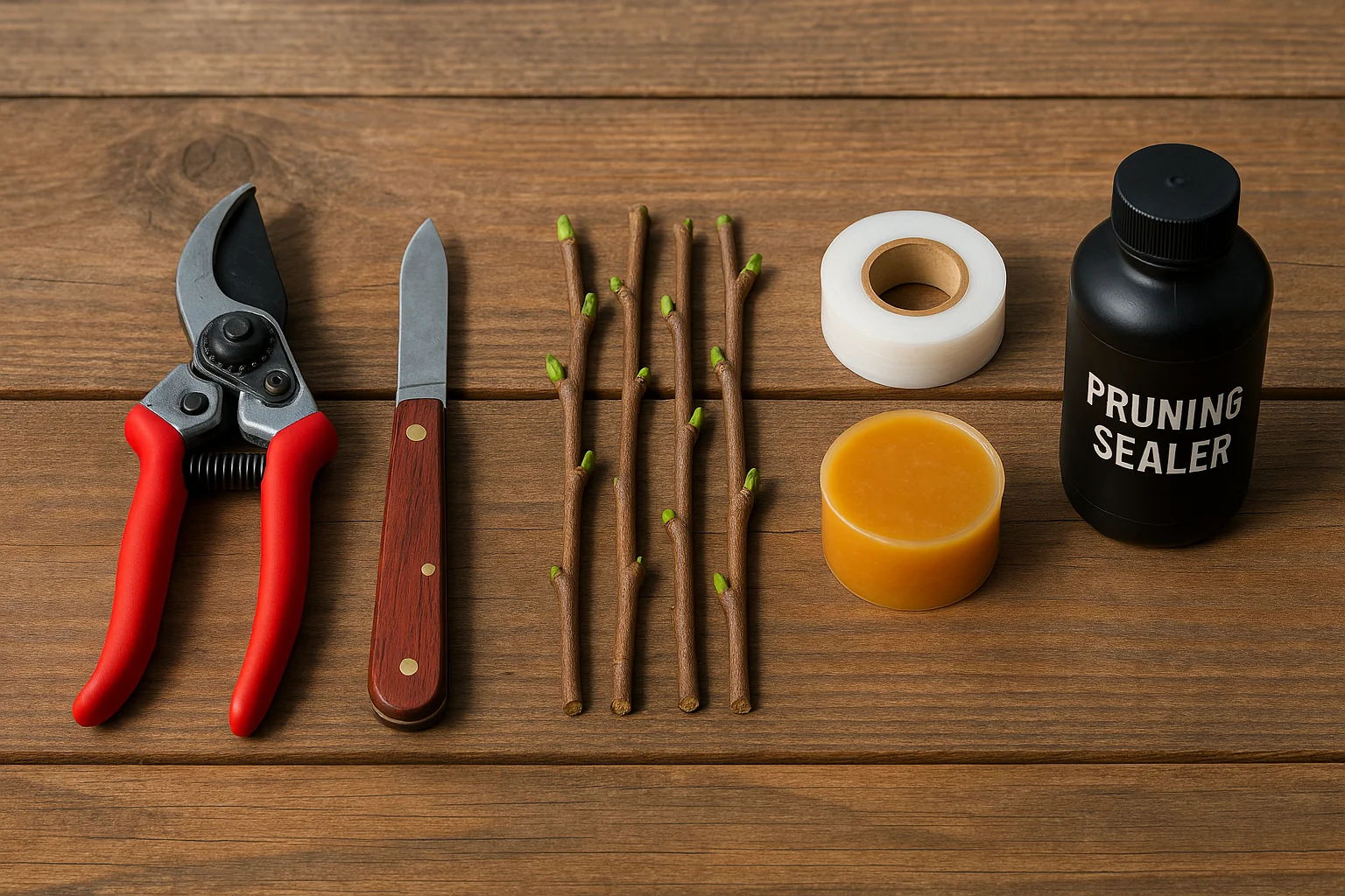 A collection of gardening tools: pruners, a knife, young branches, tape, wax, and a pruning sealer, arranged on a wooden surface.