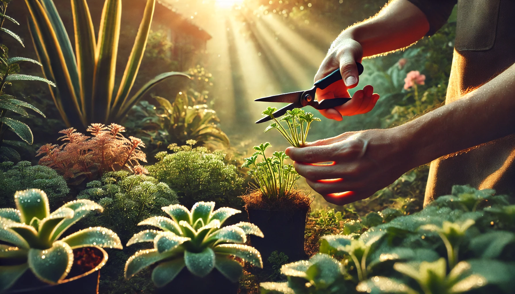 A person trims young plants in a lush garden, sunlight streaming through, enhancing the vibrant greenery and dewdrops on leaves.