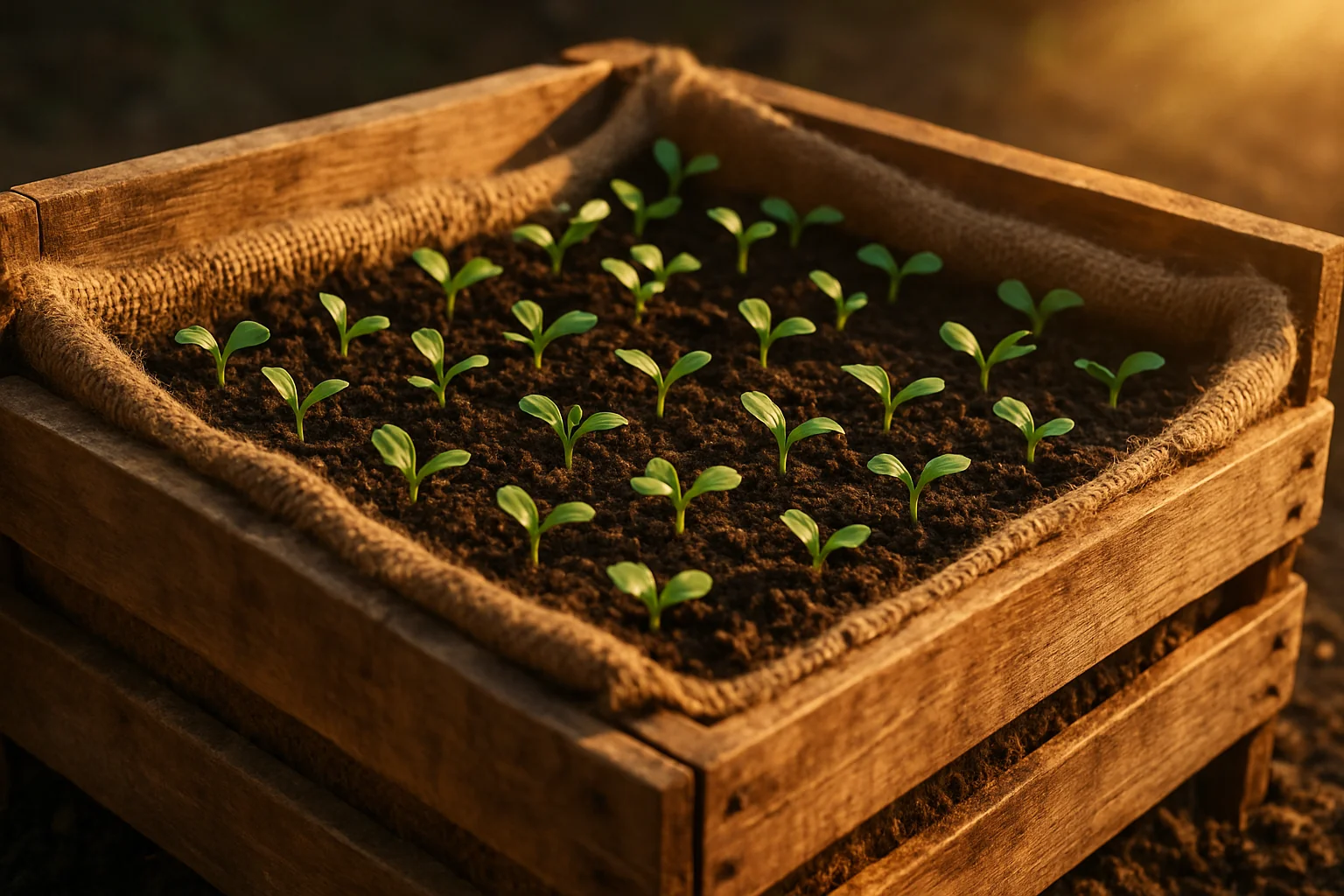 A wooden crate filled with rich soil and neatly arranged green seedlings, illuminated by warm sunlight.