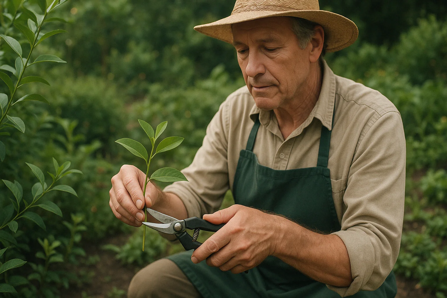 A gardener in a green apron using pruning shears to trim a young plant, surrounded by lush greenery in a garden setting.