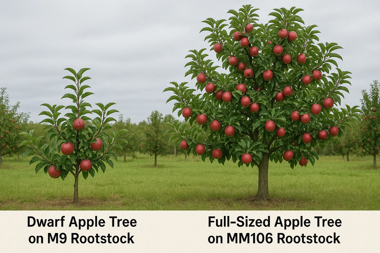 A comparison of a dwarf apple tree on M9 rootstock and a full-sized apple tree on MM106 rootstock, both laden with red apples.