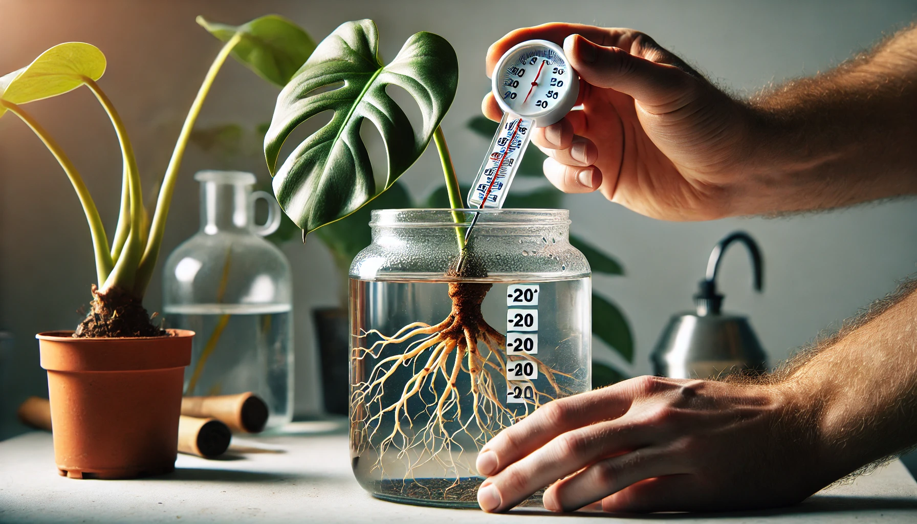 A person checks the temperature of water with a thermometer, while caring for a Monstera plant in a glass jar.