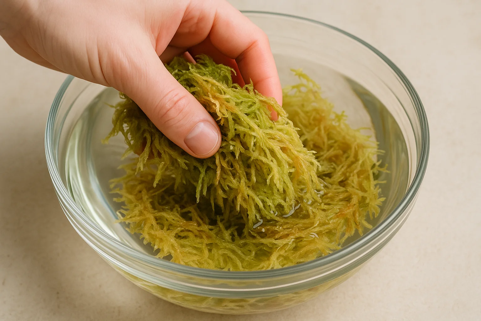 A hand holds green seaweed above a bowl of water, showcasing its texture and vibrant color.