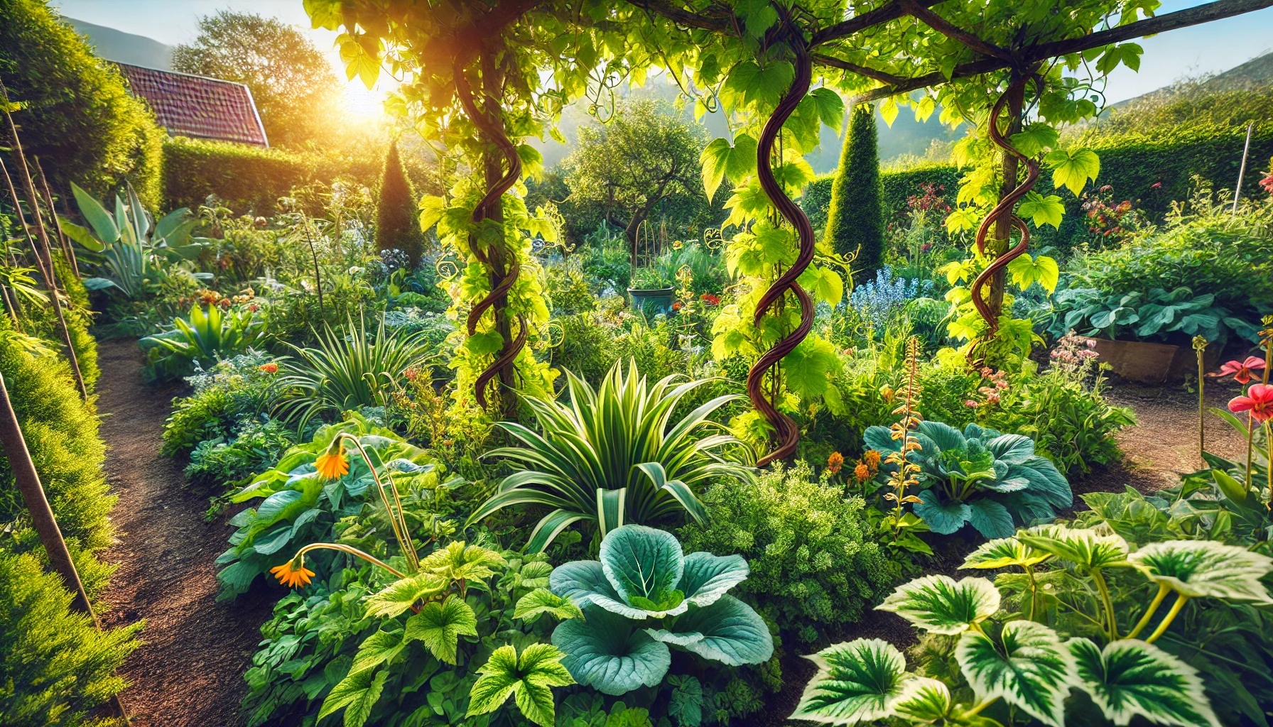 A lush garden path framed by greenery and flowers, bathed in golden sunlight, showcasing vibrant plants and vines.