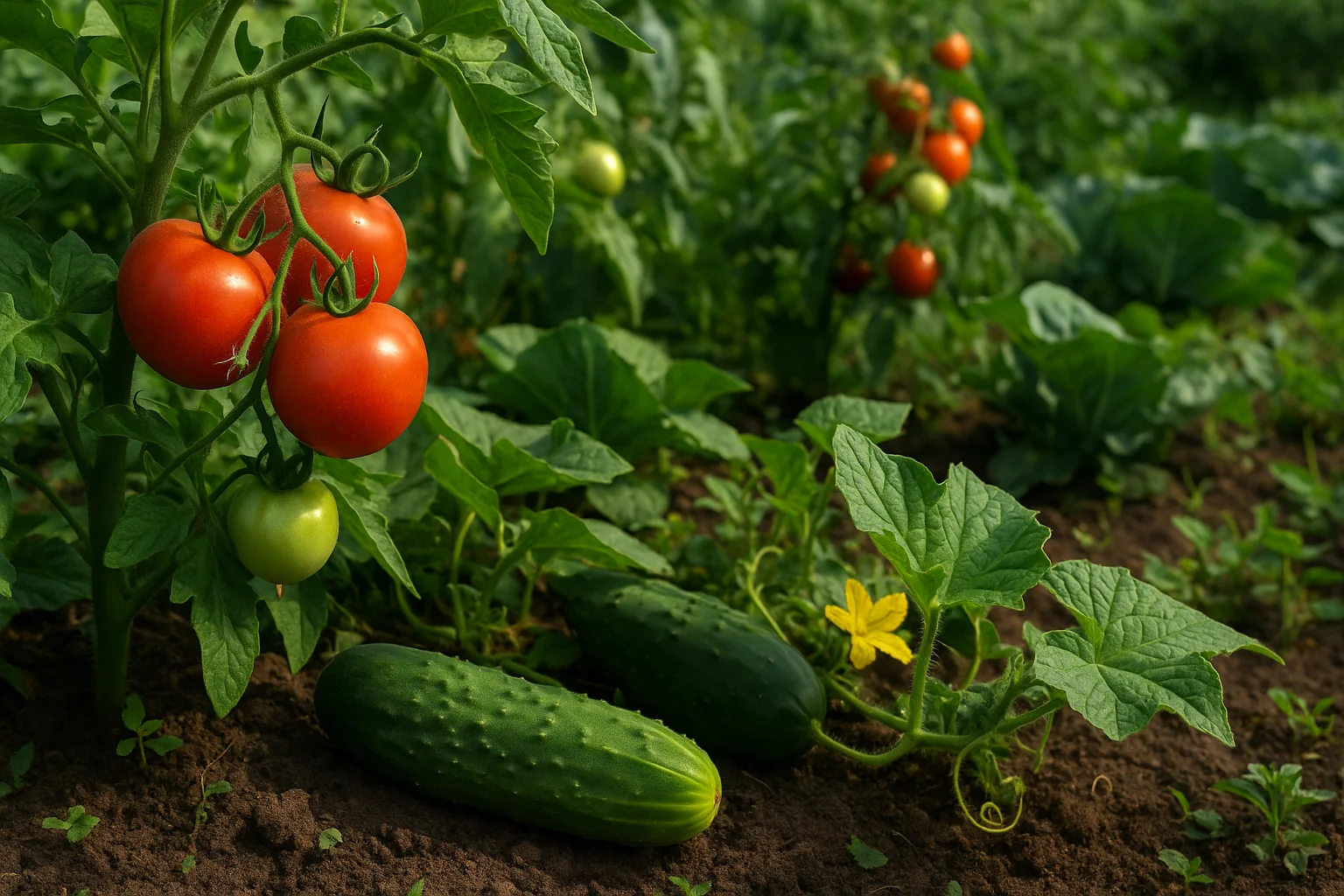 Fresh red and green tomatoes grow on vines, alongside cucumbers and a yellow flower, in a lush, green garden setting.