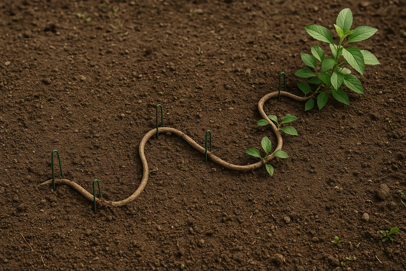 A curved twig anchored with green clips in dark soil, supporting a small plant with vibrant green leaves on its side.