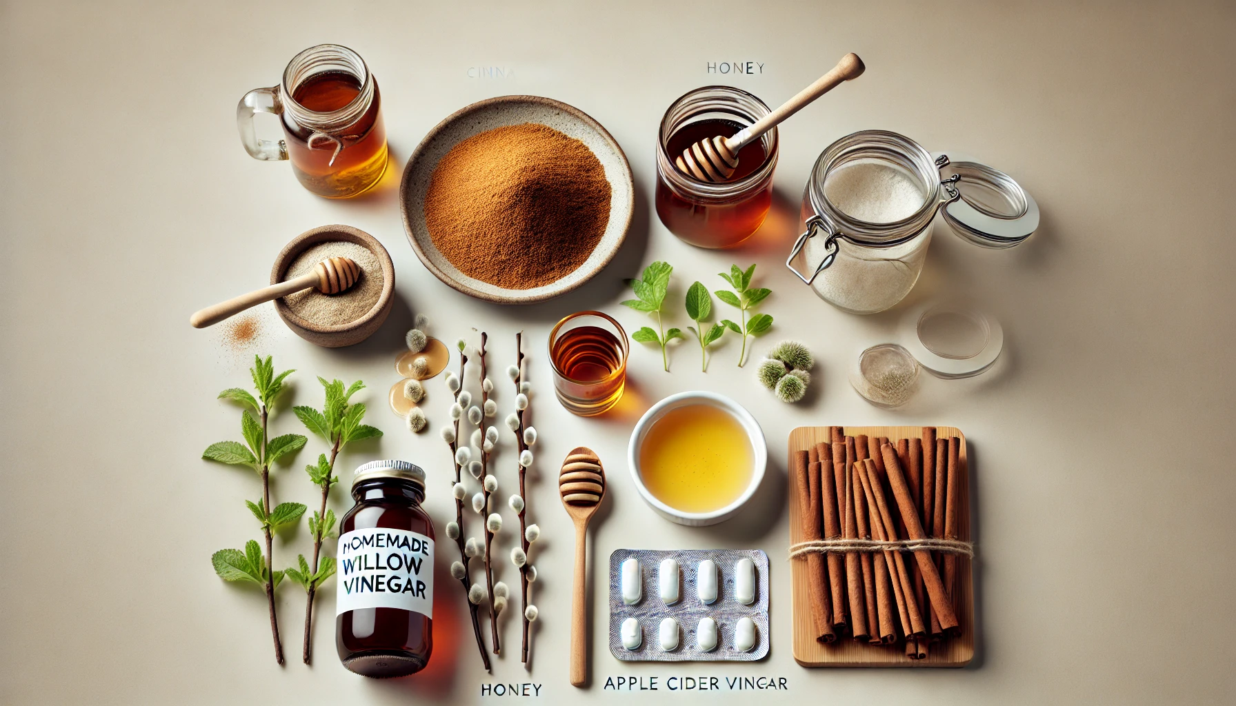 An array of natural remedies including honey, cinnamon, apple cider vinegar, and homemade willow vinegar, with fresh herbs and supplements.