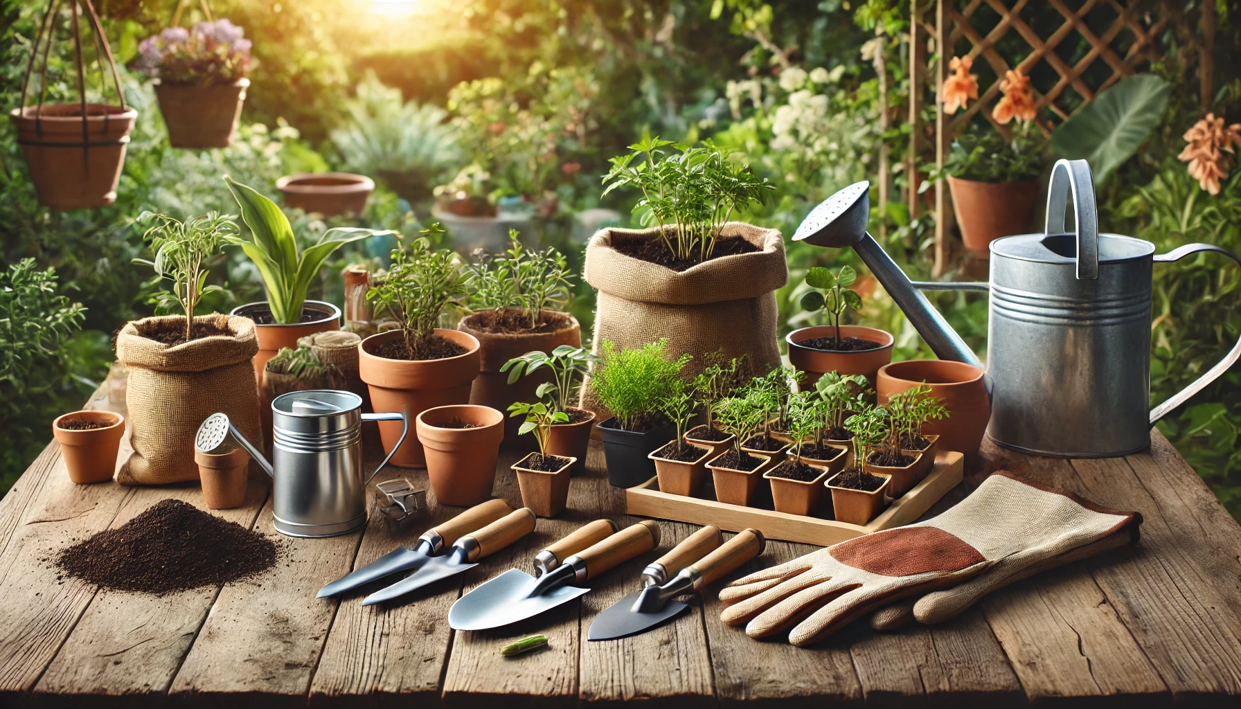 A wooden table displays various pots of plants, gardening tools, a watering can, and gloves, set in a lush garden.