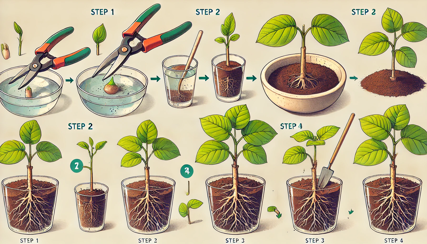 An illustrated guide to plant propagation, detailing four steps: cutting, rooting in water, planting in soil, and transplanting.
