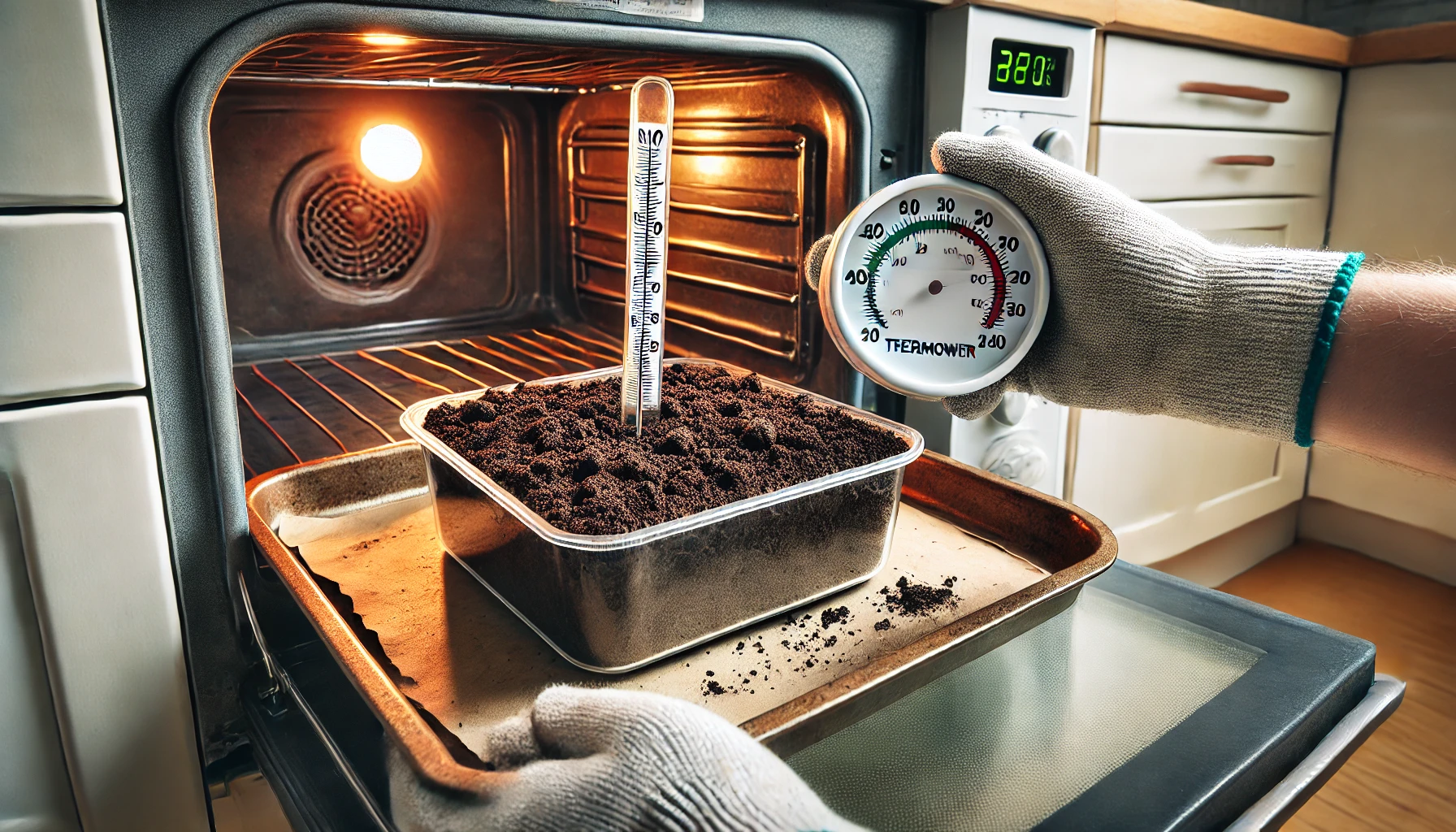 A pot of soil with a thermometer placed inside, being monitored in an oven set to 380°F, while a gloved hand holds a second thermometer.