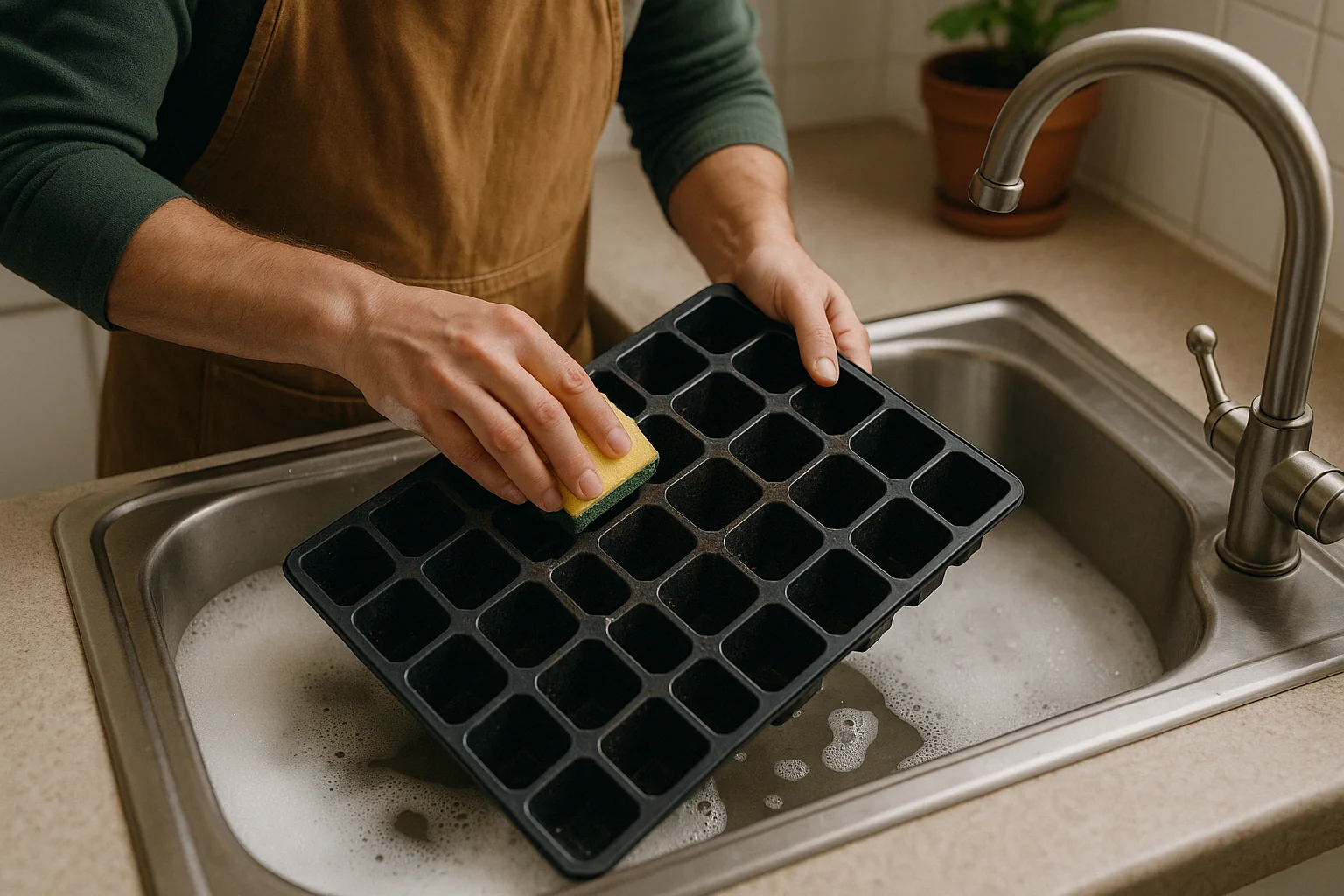 A person scrubs a black seedling tray with a sponge over a sink filled with soapy water, demonstrating proper cleaning.