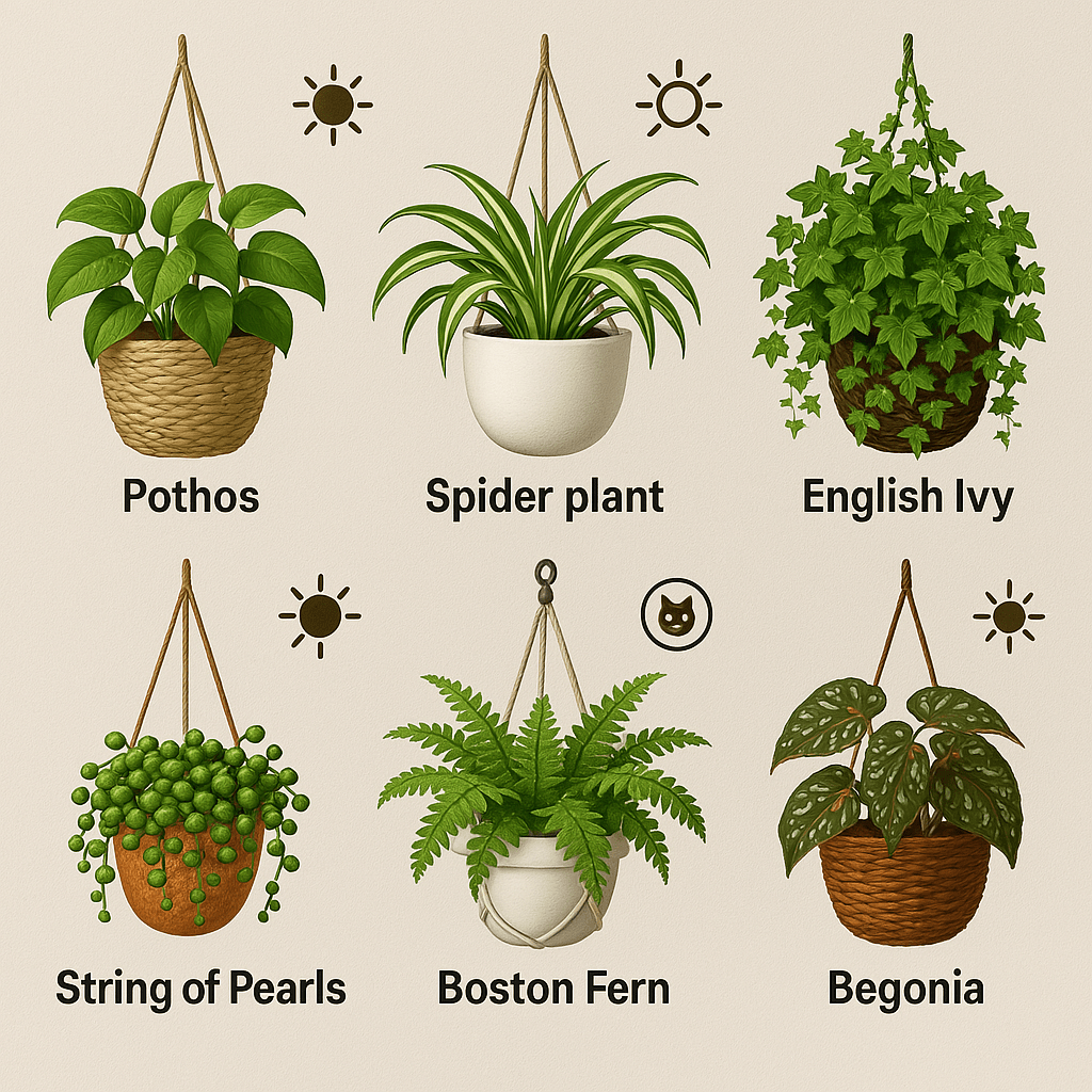 A collection of six hanging plants labeled: Pothos, Spider Plant, English Ivy, String of Pearls, Boston Fern, and Begonia, with light icons.